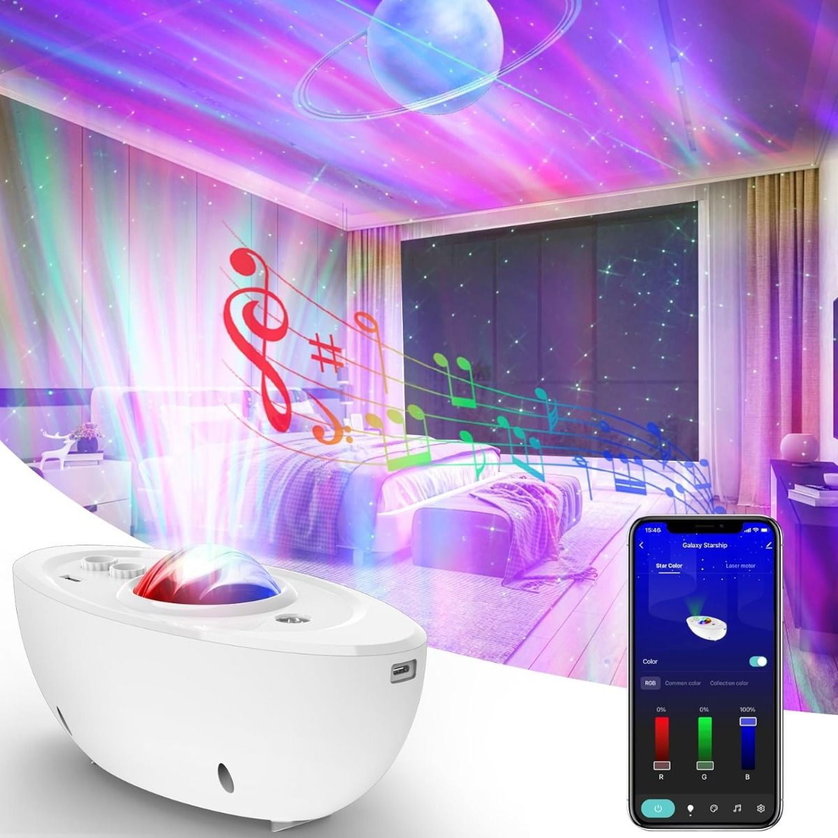 WiFi Galaxy Star Laser Projector with Bluetooth Speaker, Night Lights and White Noise